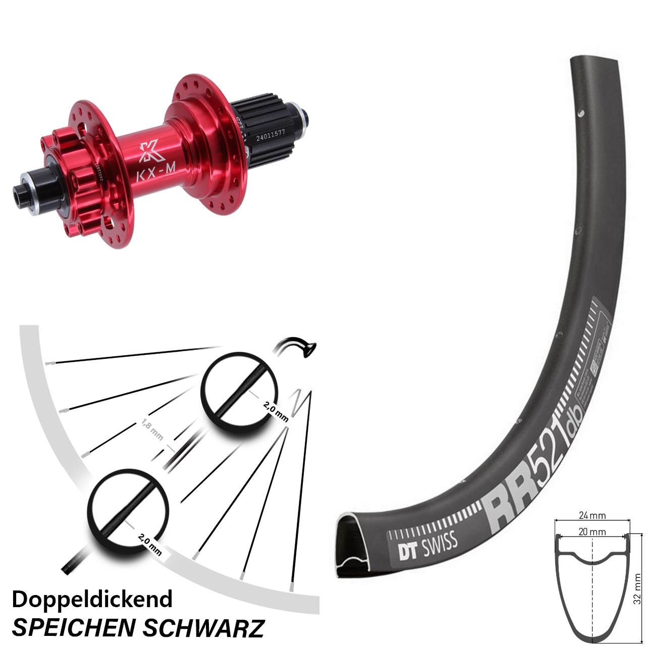 6-Loch Hinterrad 28 Zoll DT Swiss RR 521 KX-M rot Micro Spline für Schnellspanner