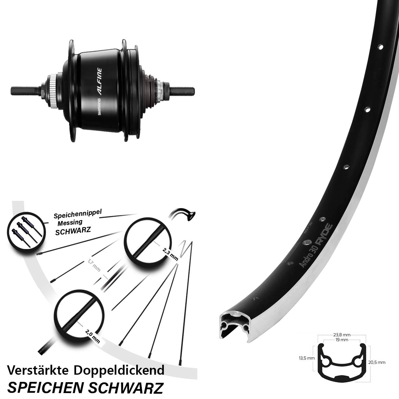 28 Zoll Ryde Andra 30 Shimano Alfine 8 Gang Hinterrad schwarz