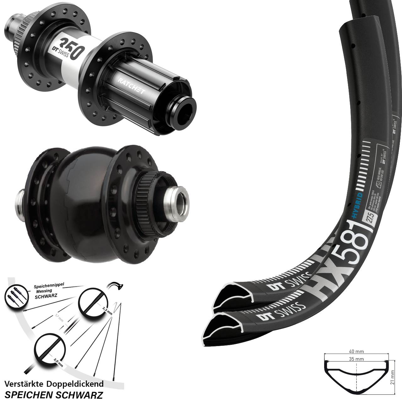 27,5 Zoll DT Swiss HX581 350 SON 28 Laufradsatz Centerlock 12x100/142 11-12 fach