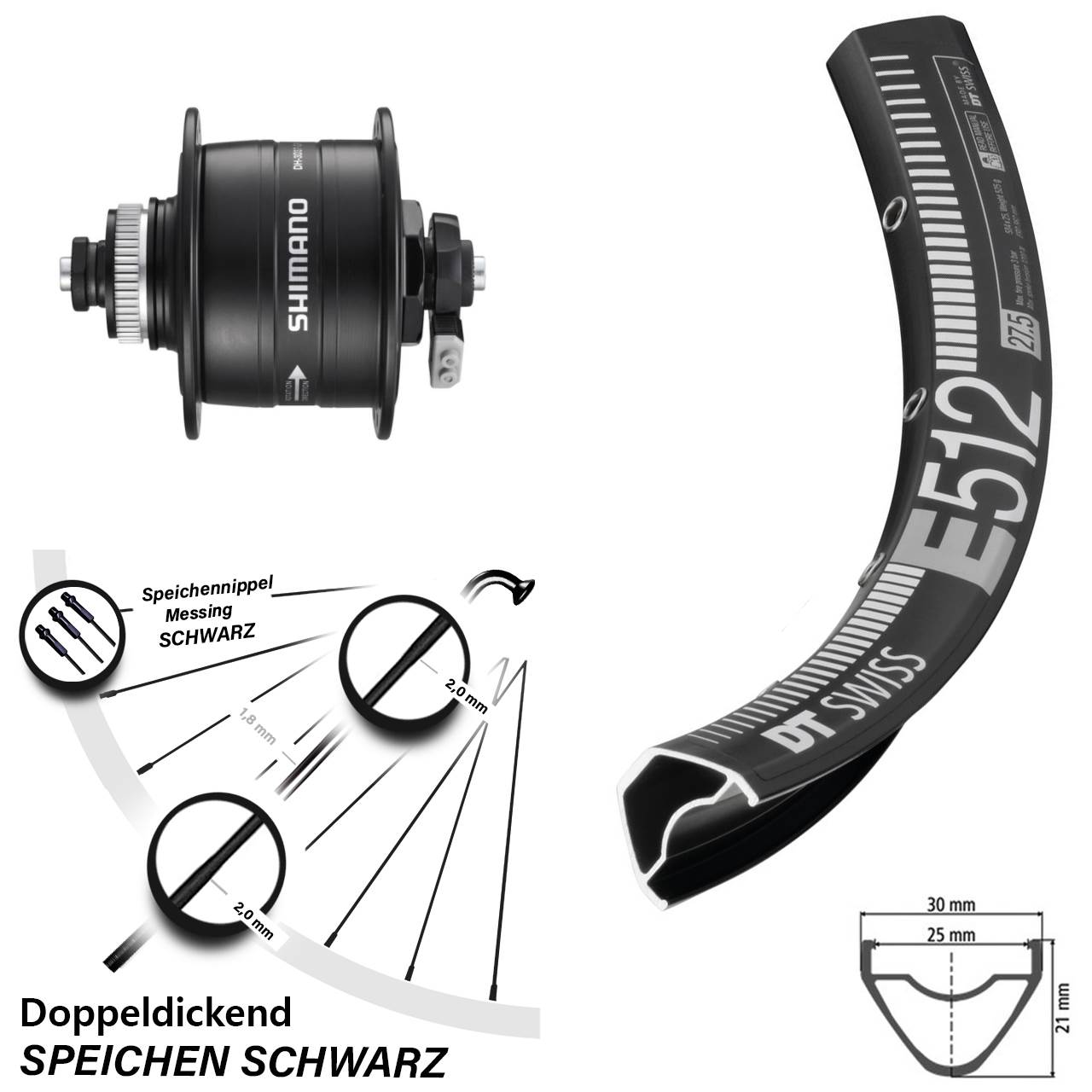 Nabendynamo-Vorderrad 27,5 Zoll DT Swiss E512 Shimano DH-3D37 5x100 Centerlock