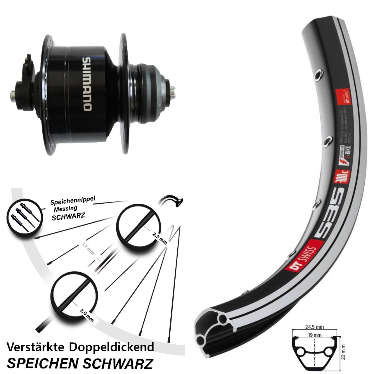 Vorderrad mit Nabendynamo QR 28 Zoll DT Swiss 535 Shimano DH-3D72