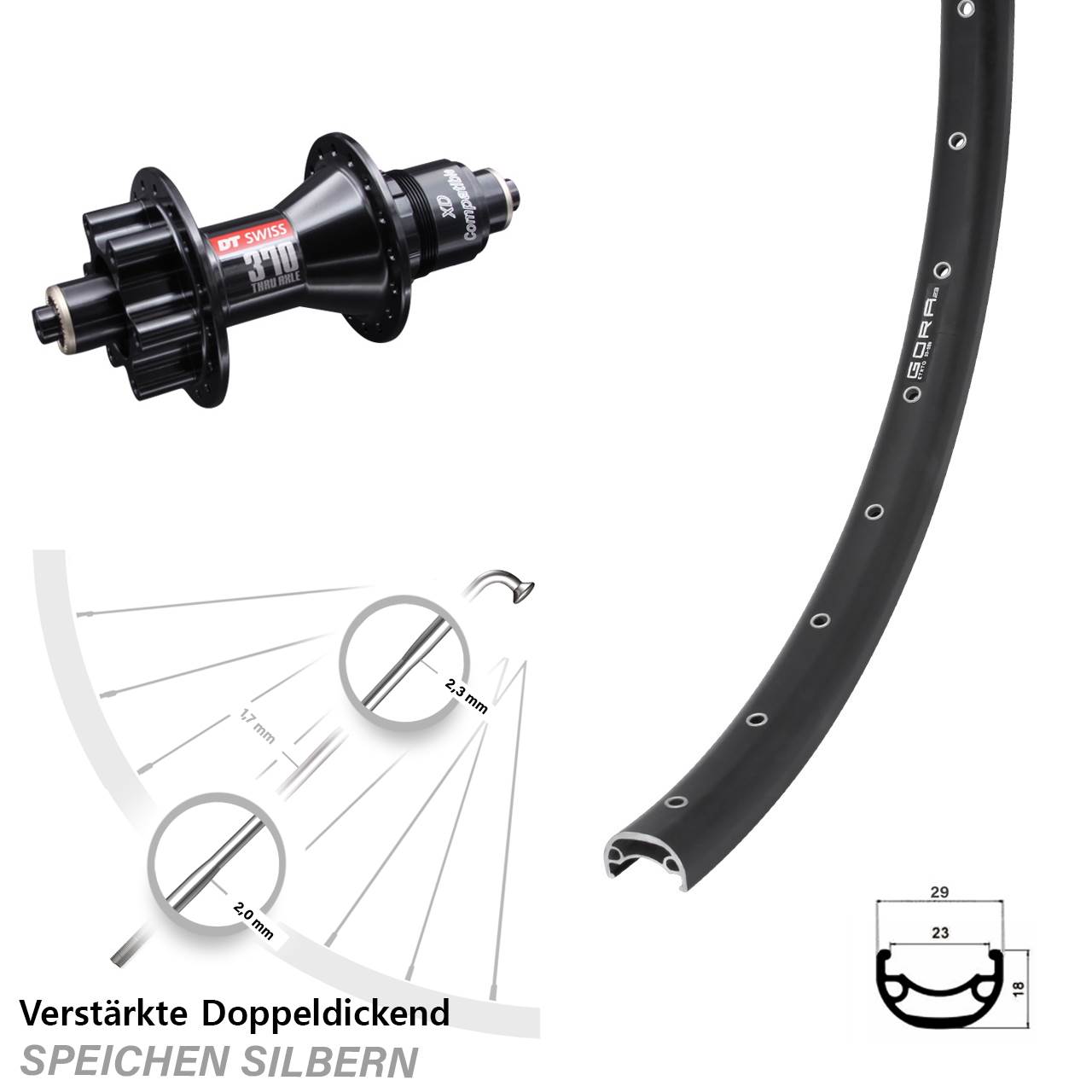 Gora 23 DT Swiss 370 28 Zoll Hinterrad für Schnellspanner Disc 6-Loch Sram XD