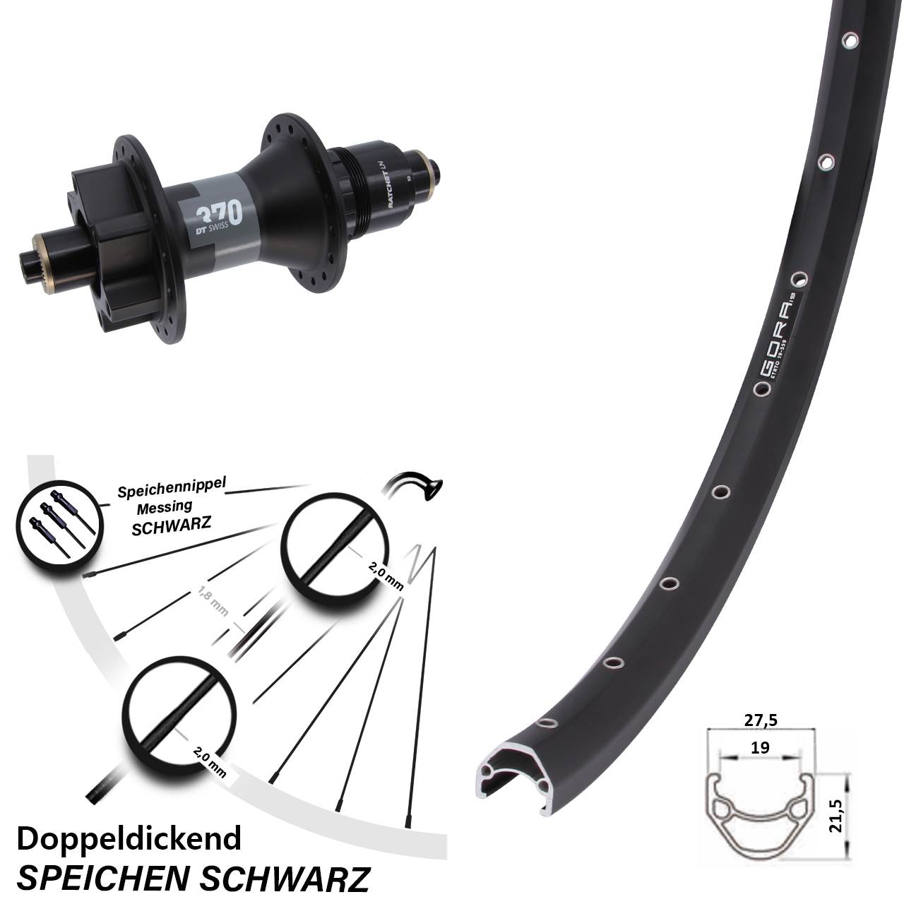 26 Zoll Gora 19 DT Swiss 370 6-Loch Hinterrad für Schnellspanner XD