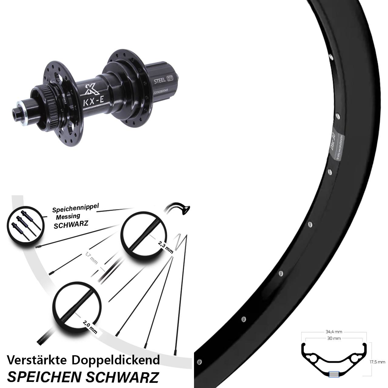 Hinterrad 27,5 Zoll Ryde Disc 30 KX-E Heavy Duty 8-12 fach HG für Schnellspanner Boost