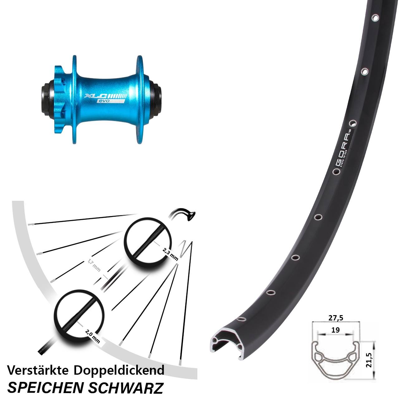 Vorderrad 6-Loch 15x100 26 Zoll Gora 19 XLC Evo blau