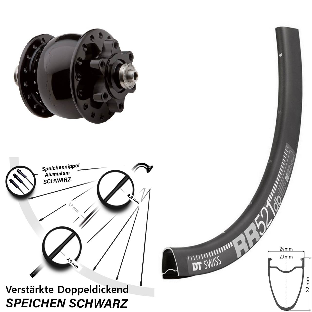 SON 28 Zoll DT Swiss RR521 6-Loch Nabendynamovorderrad für Schnellspanner