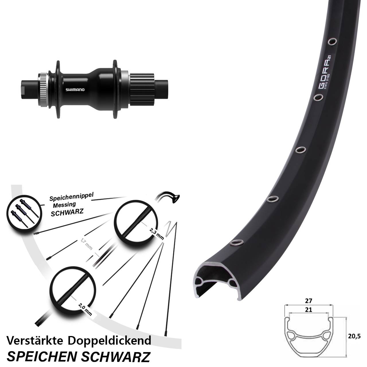 Gora 21 Shimano FH-TC500-B Boost 28-29 Zoll Disc Hinterrad 12x148 Micro Spline