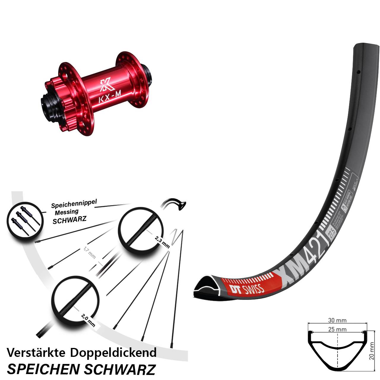 6-Loch Vorderrad 15x100 27,5 Zoll DT Swiss XM 421 KX-M rot