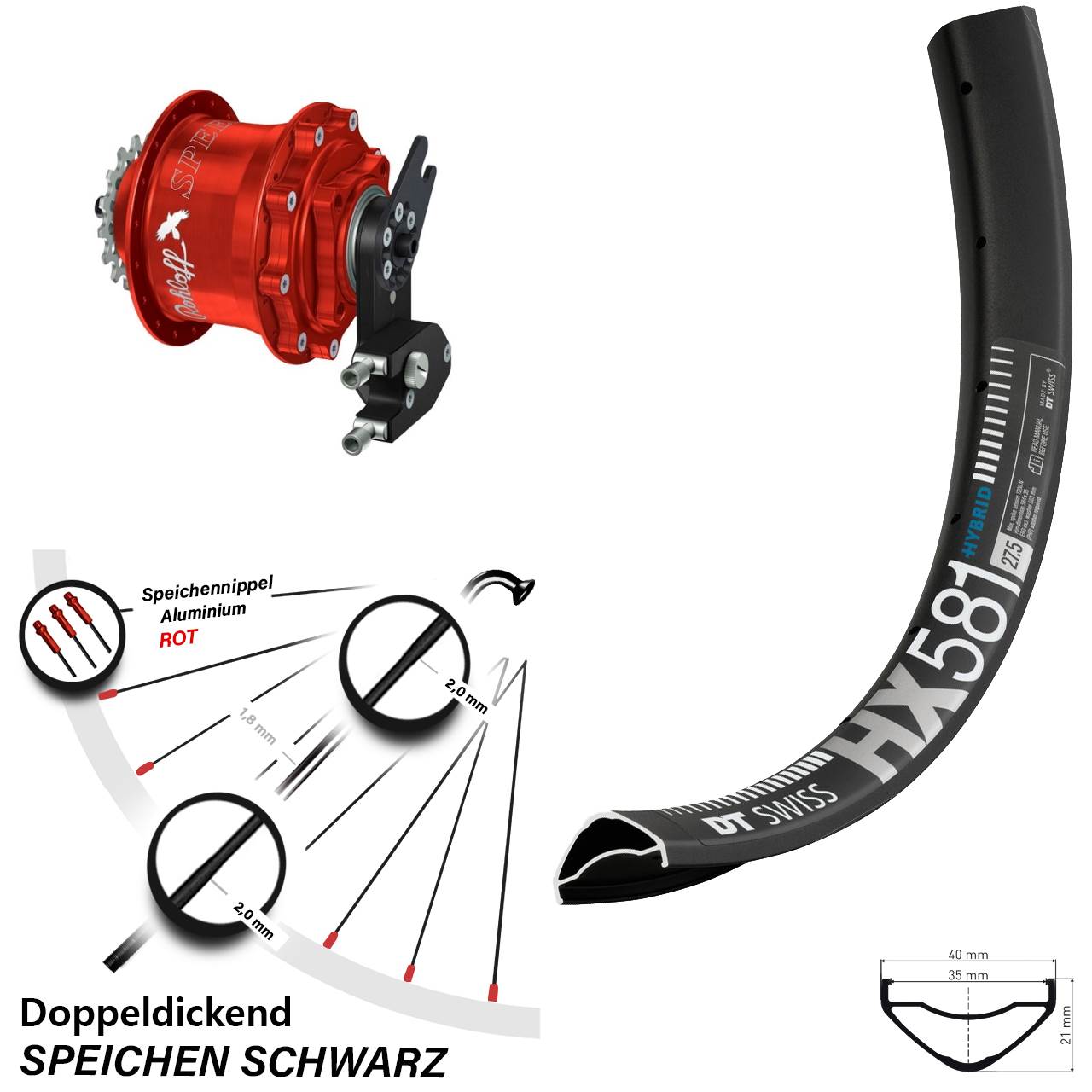 Disc Hinterrrad 27,5 Zoll DT Swiss HX 581 Rohloff 500/14 CC DB OEM2 Tandem rot