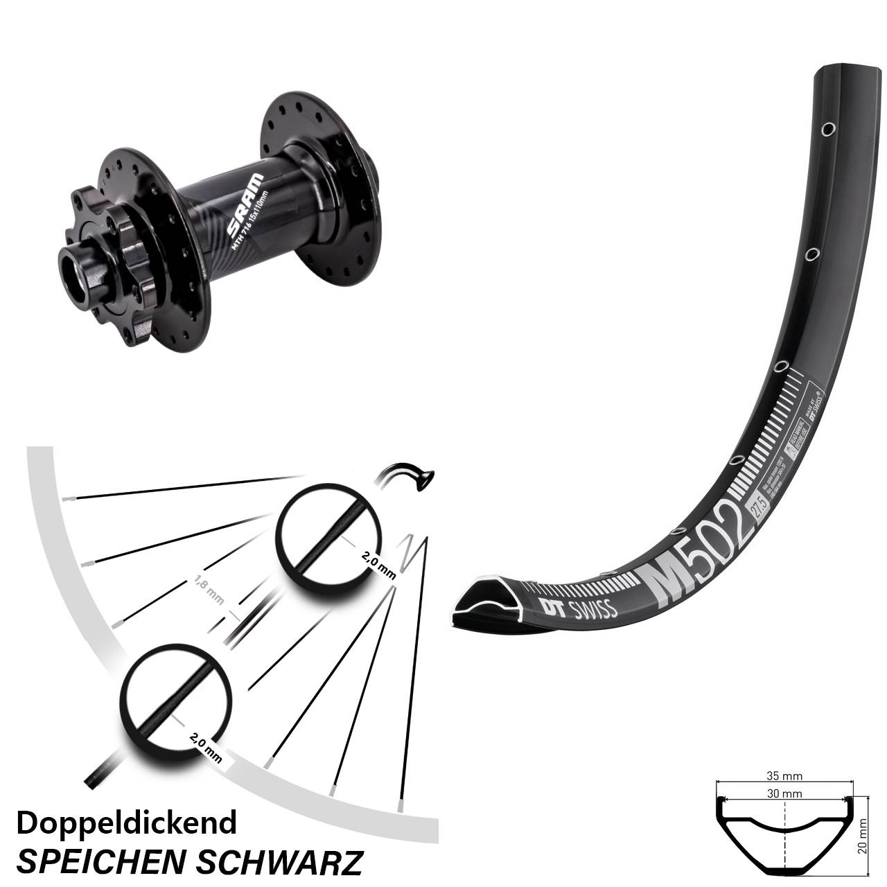 Vorderrad 6-Loch 29 Zoll DT Swiss M502 Sram 716 15x110 Boost