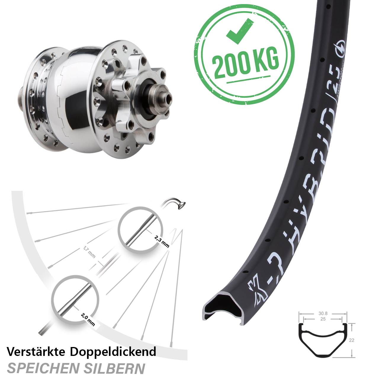 Nabendynamolaufrad KX-R Hybrid 25 SON 28 Disc 6-Loch Hohlachse silbern poliert verstärkt