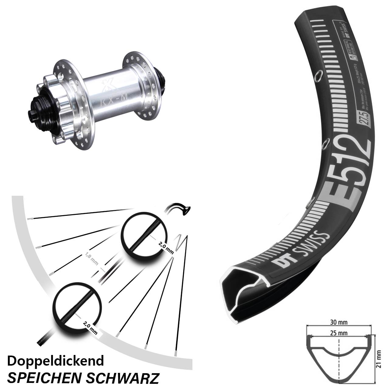 Laufrad 27,5 Zoll DT Swiss E 512 Disc KX-M 6-Loch 5/100 silbern