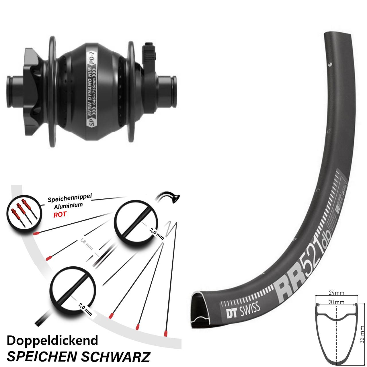 DT Swiss RR 521 Shutter PD-7 28 Zoll Disc Laufrad mit Nabendynamo 12x100