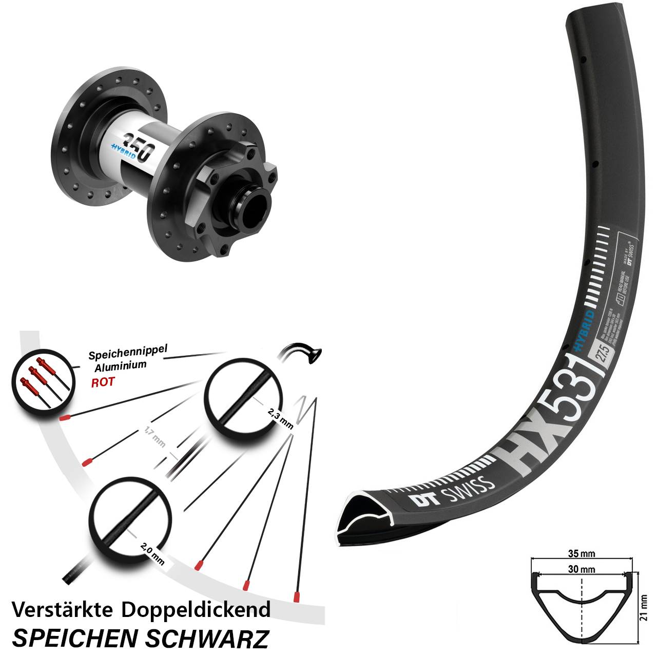 DT Swiss HX531-350 Hybrid 29 Zoll Disc Vorderrad für Schnellspanner