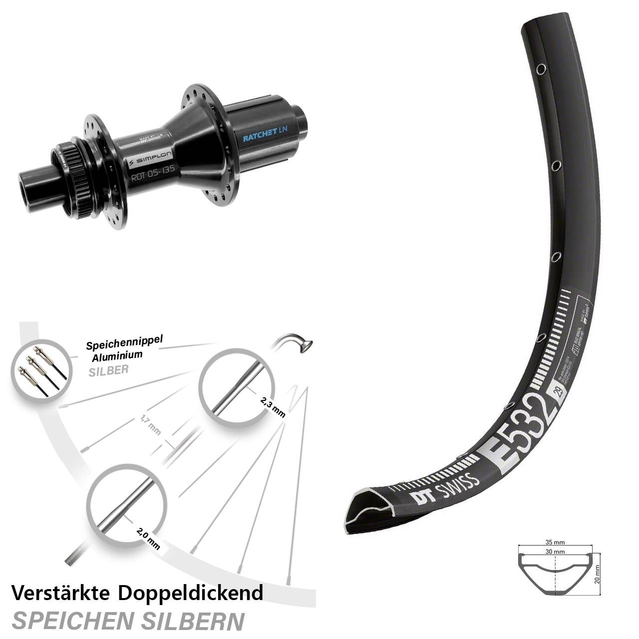 29 Zoll DT Swiss E 532-370 Hybrid Disc Hinterrad 12x142 8-11 fach