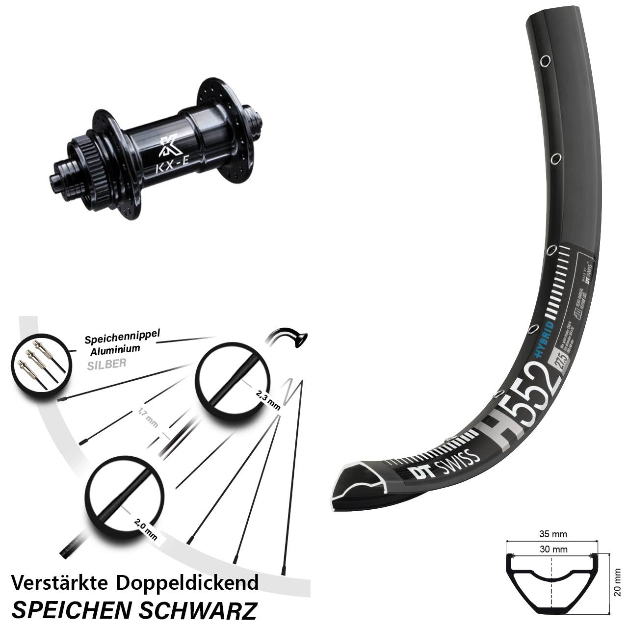 DT Swiss H 552 Disc Vorderrad 29 Zoll KX-E Centerlock schwarz verstärkt E-Bike 5x100 mm