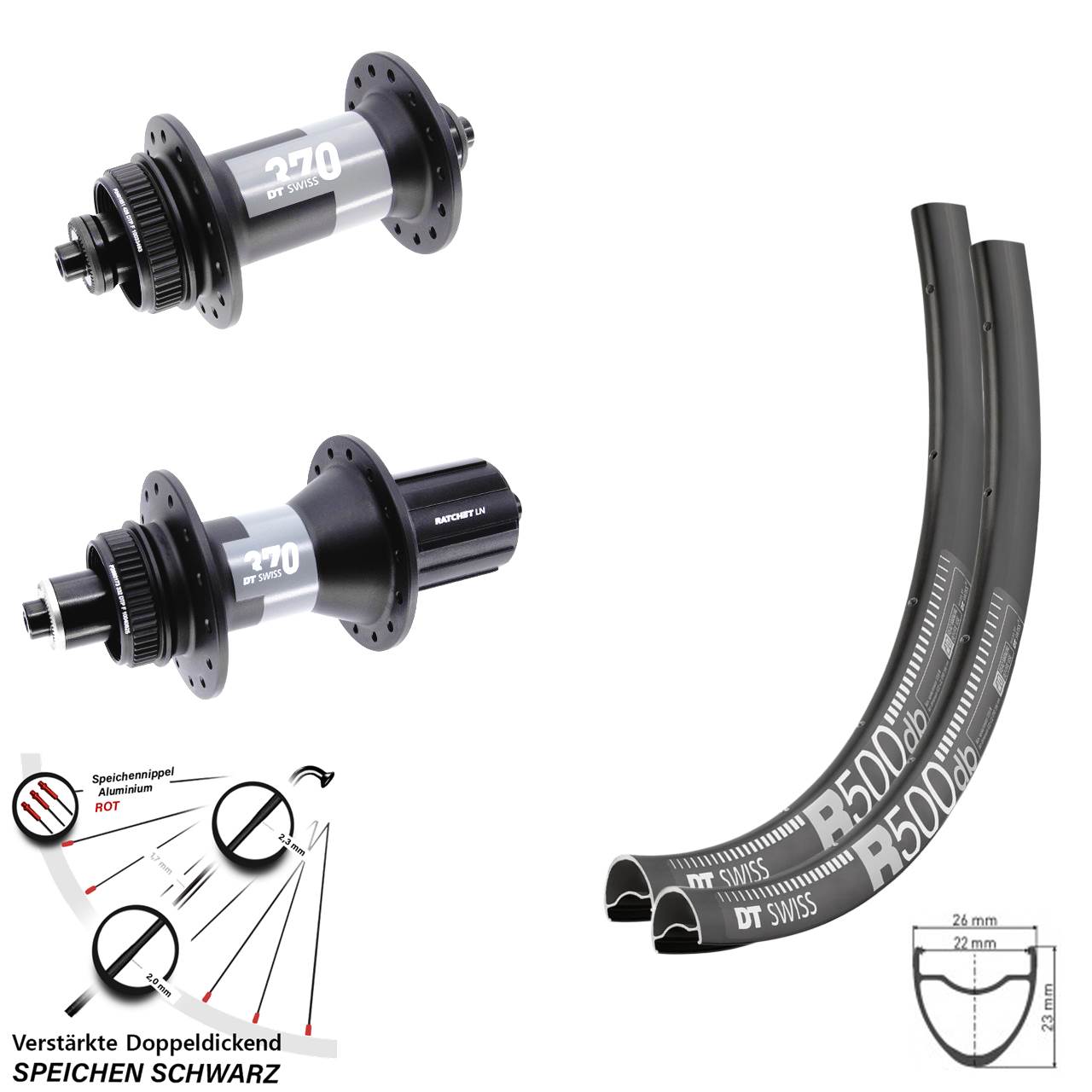 29 Zoll DT Swiss R500 370 Disc Laufrad-Satz für Schnellspanner 8-12 fach HG
