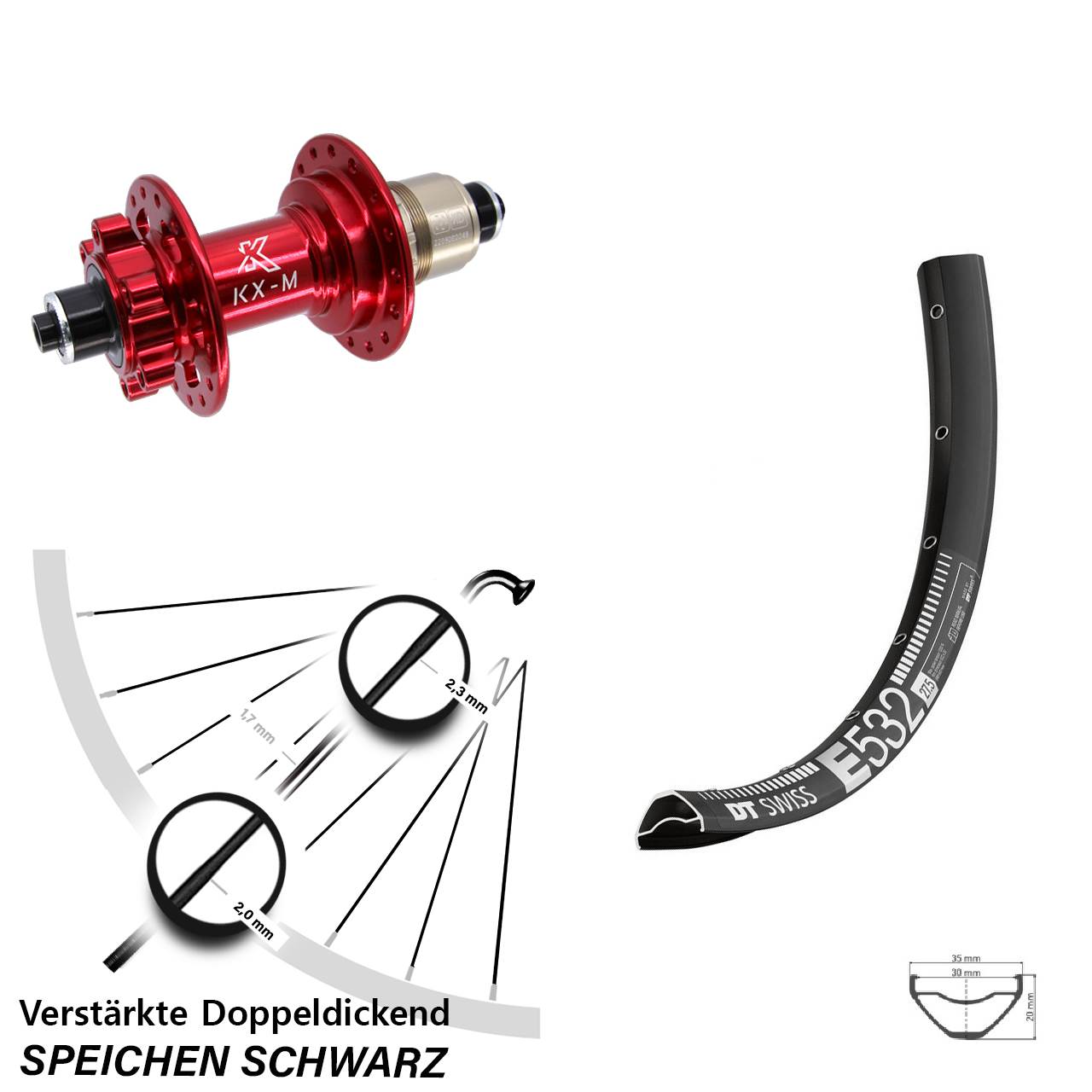 Hinterrad 6-Loch 27,5 Zoll DT Swiss E532 KX-M rot XD für Schnellspanner