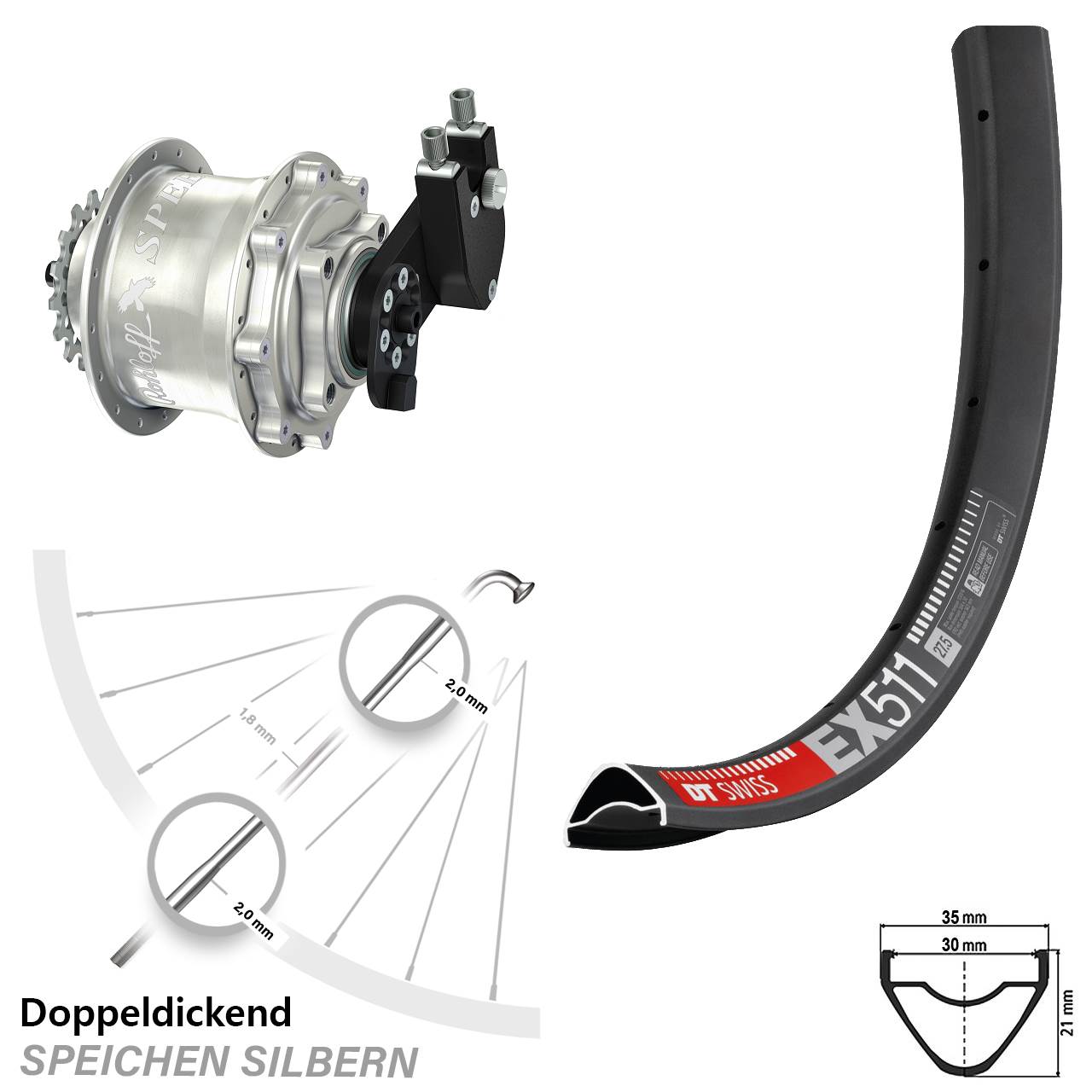 DT Swiss EX 511 Rohloff CC DB OEM Tandem 27,5 Zoll Disc Hinterrrad