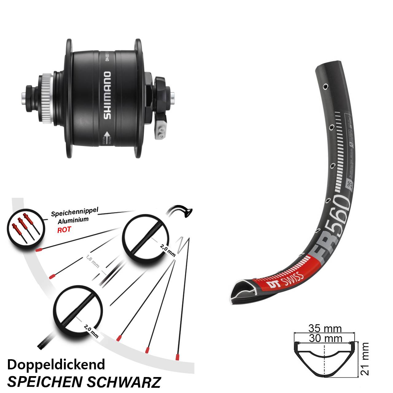 26 Zoll DT Swiss FR 560 Shimano DH-3D37 Disc Nabendynamovorderrad für Schnellspanner