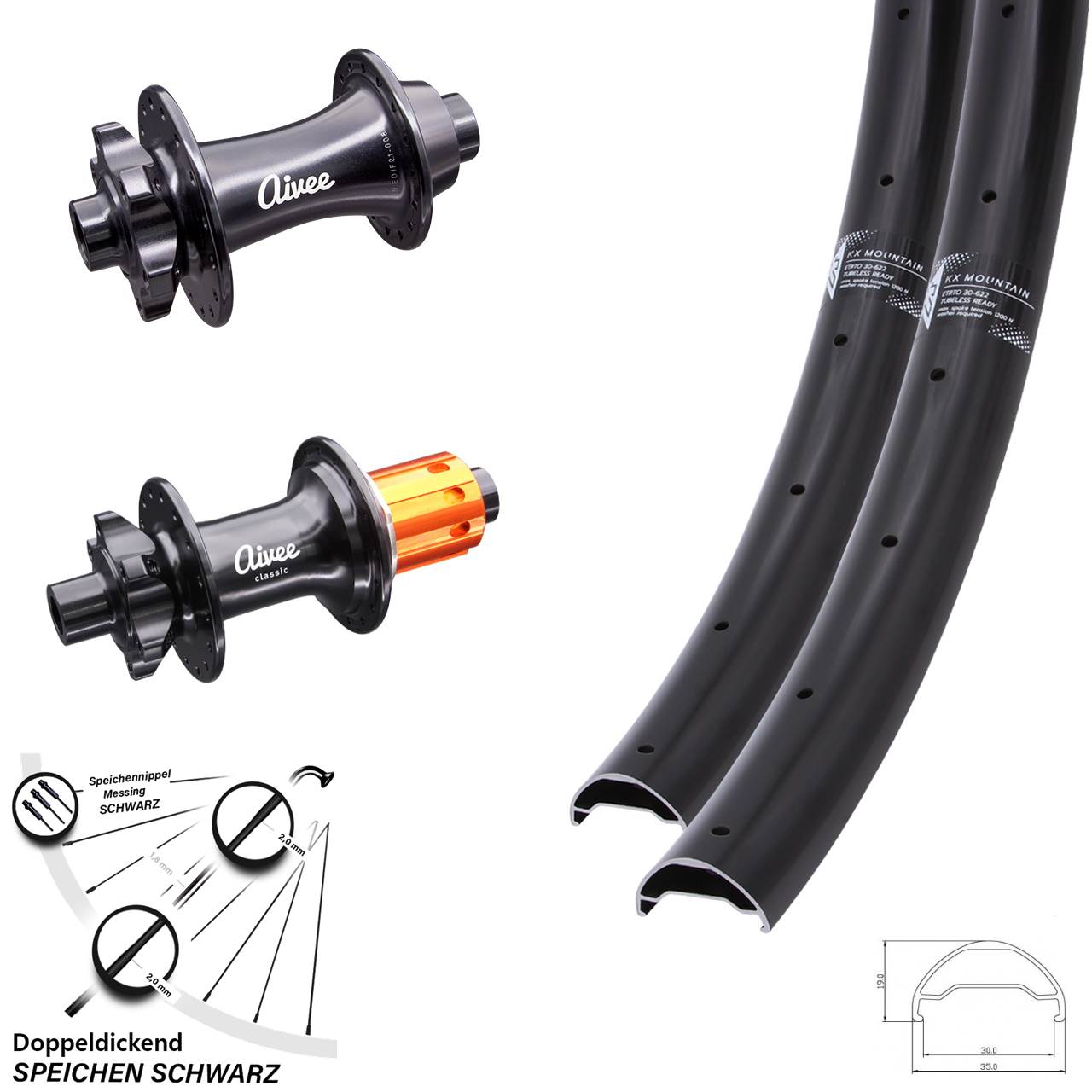 Laufradsatz 29 Zoll KX Mountain 30-622 Boost 110/148 mm 6-loch Aivee Classic
