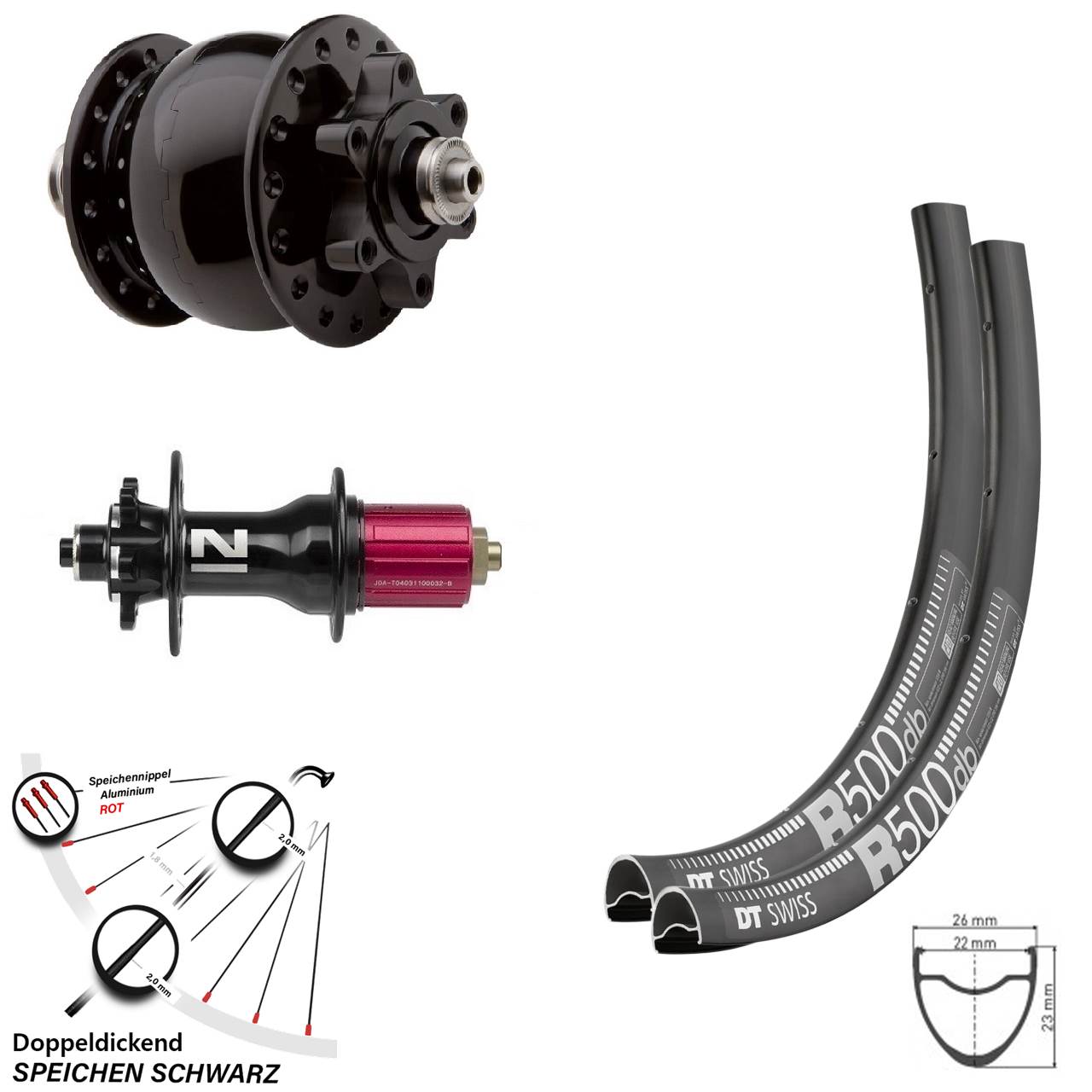 DT Swiss R500 Dynamo SON 28 Zoll Disc Laufrad-Satz QR Novatec 8-12 fach