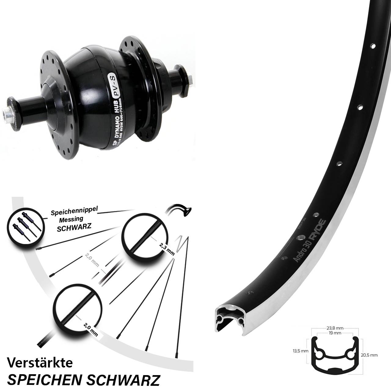Ryde Andra 30 Shutter Precision PV-8 28 Zoll Vorderrad mit Nabendynamo für Schnellspanner