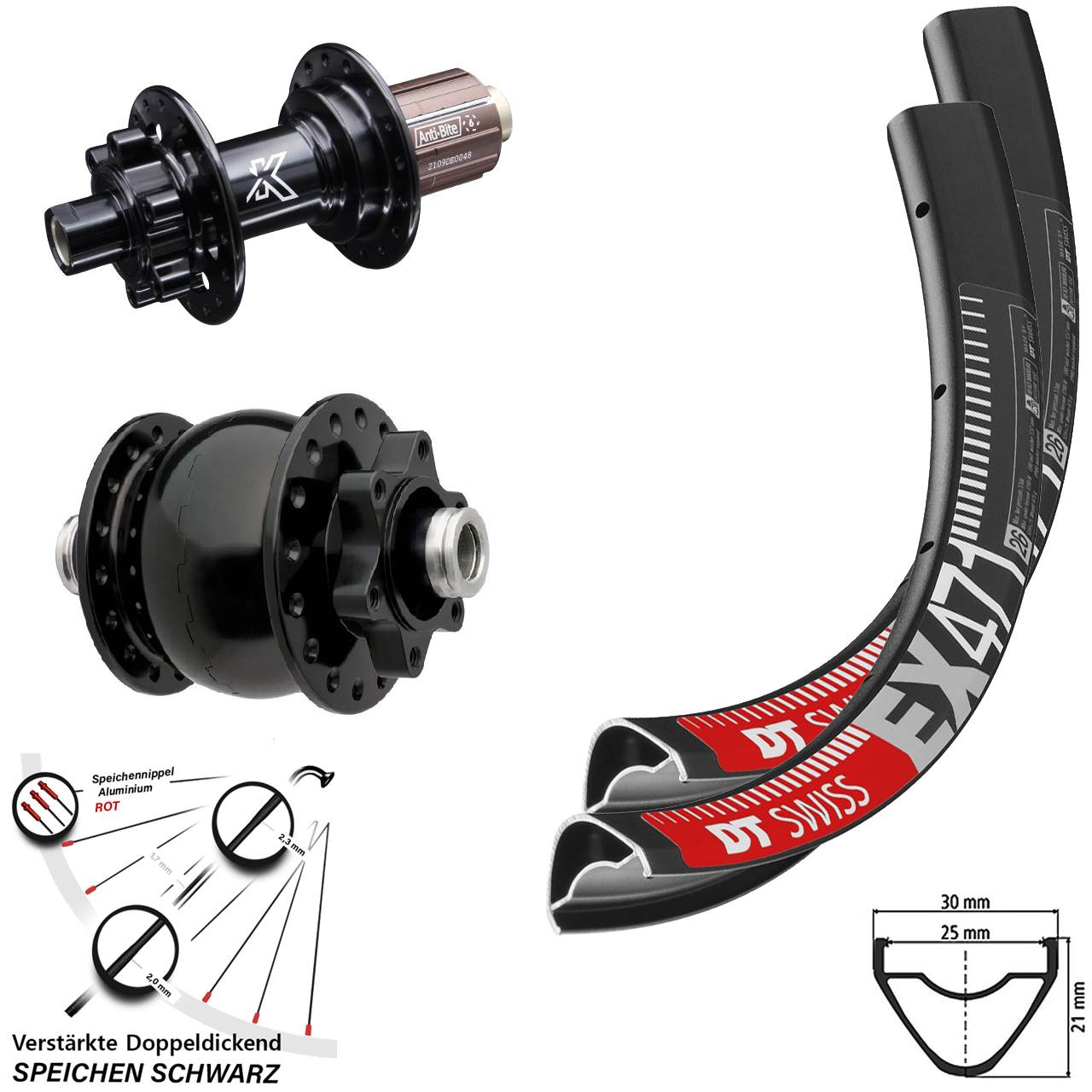 Disc Laufradsatz 27,5 Zoll DT Swiss EX 471 KX-M Shimano Anti-Bite 8-12 fach 12x100/142