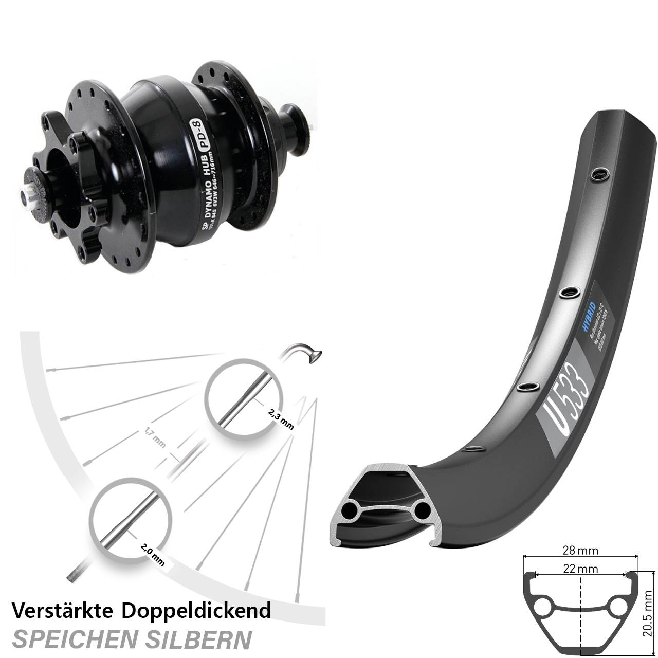 Vorderrad mit Nabendynamo QR 28-29 Zoll DT Swiss U533 Shutter Precision PD-8 Disc 6-Loch