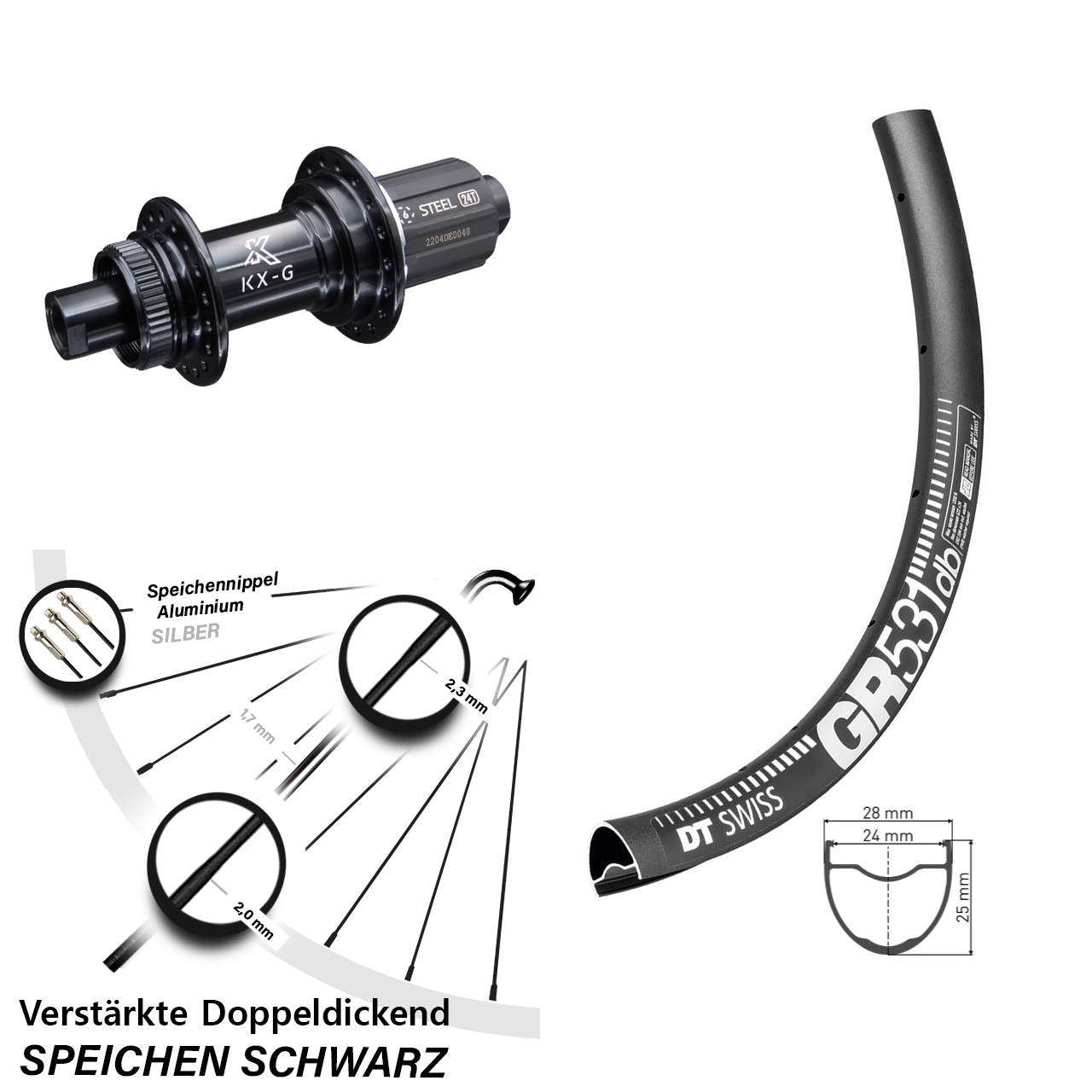 27,5 Zoll Hinterrad KX-GS verstärkt 12x142 Centerlock DT Swiss GR 531 DB 8-12 fach