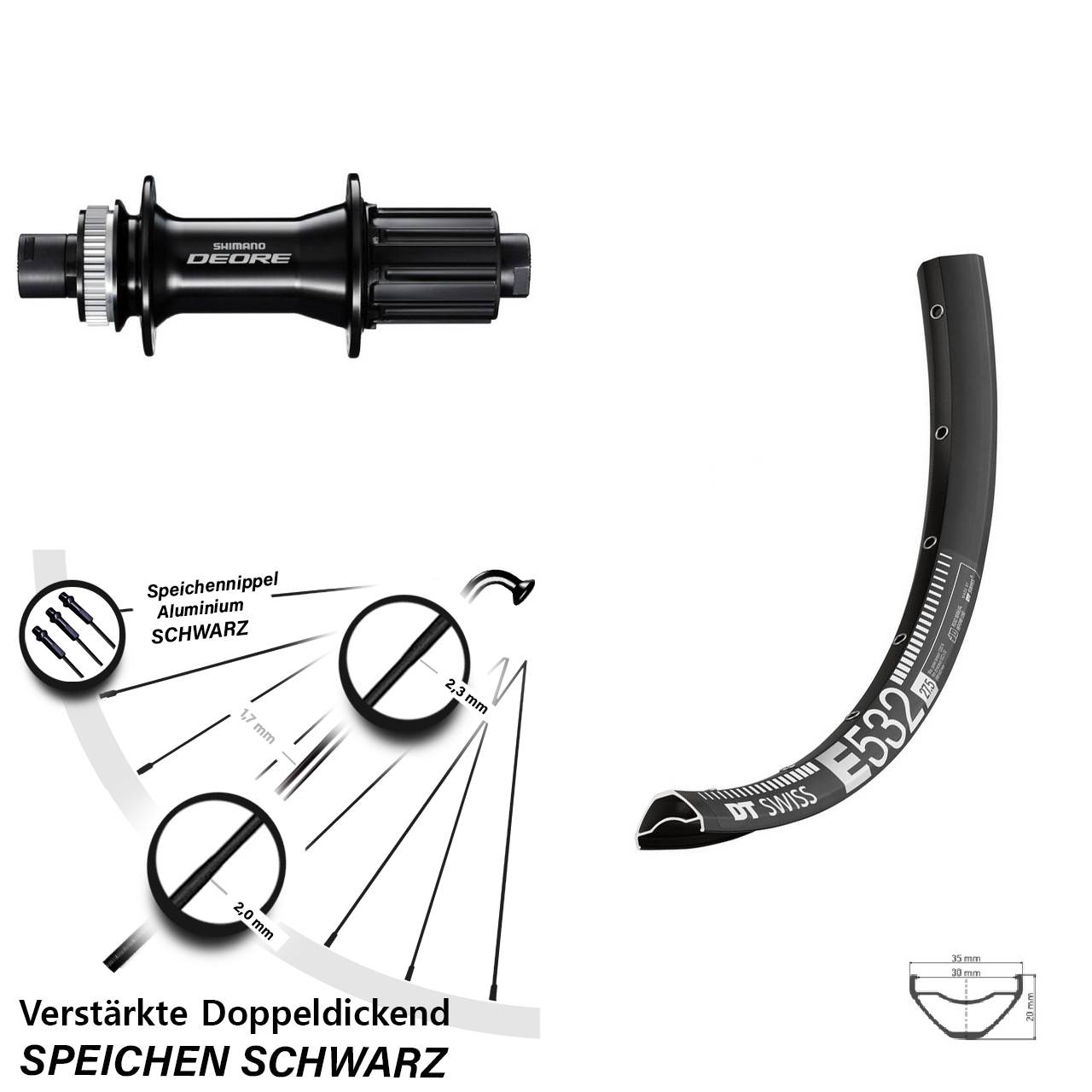 29 Zoll DT Swiss E 532 Shimano Deore Disc Laufrad 12x148 8-11 fach HG