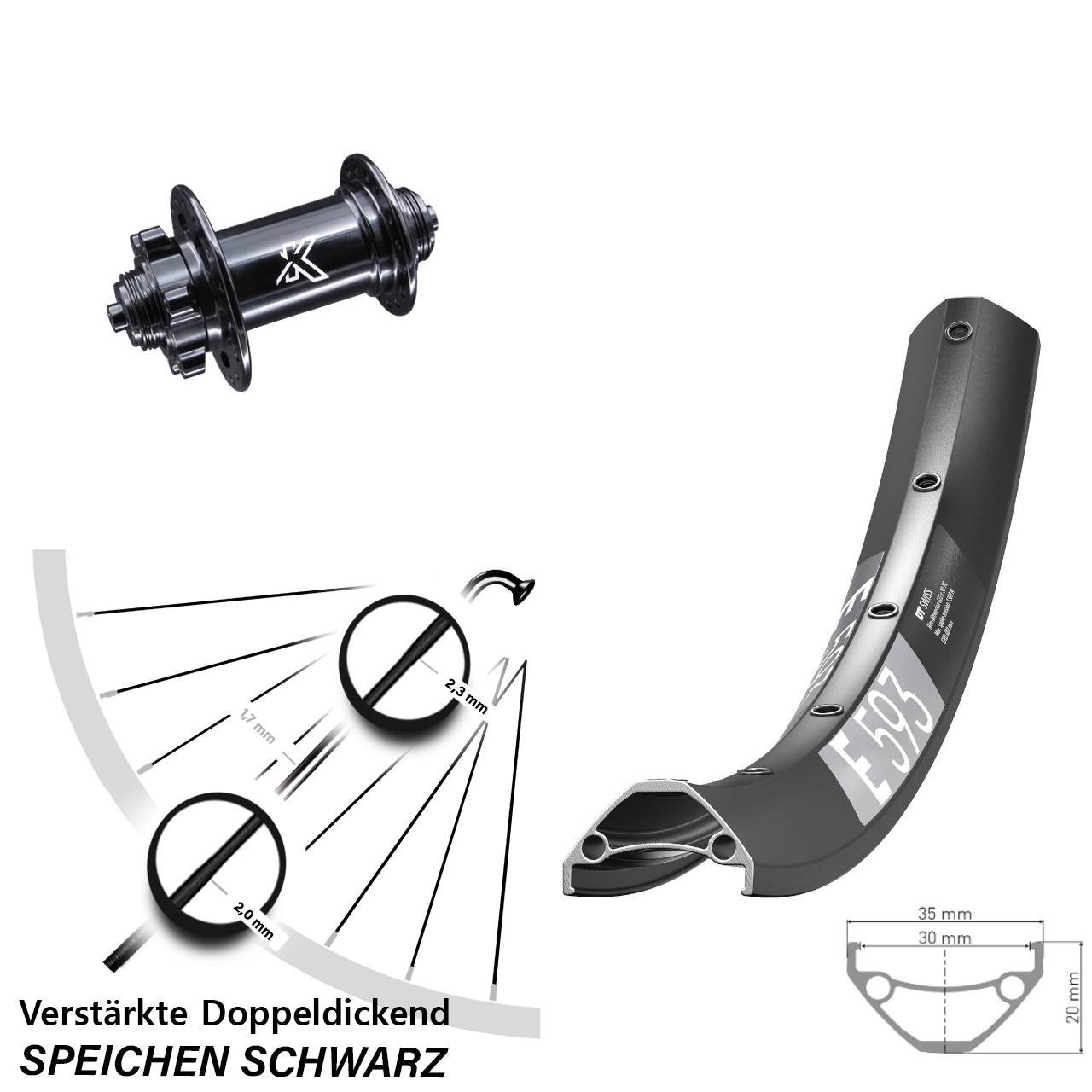 DT Swiss E 593 KX-M 650B Disc Laufrad für Schnellspanner