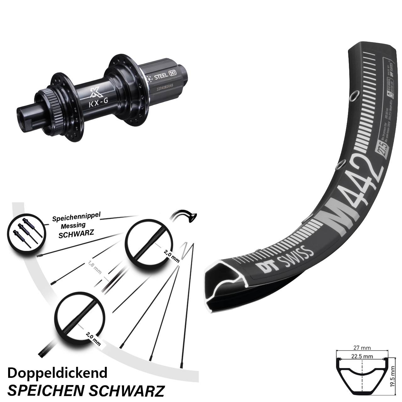 DT Swiss M 442 28 Zoll Hinterrad KX-GS 8-12 fach 12x142