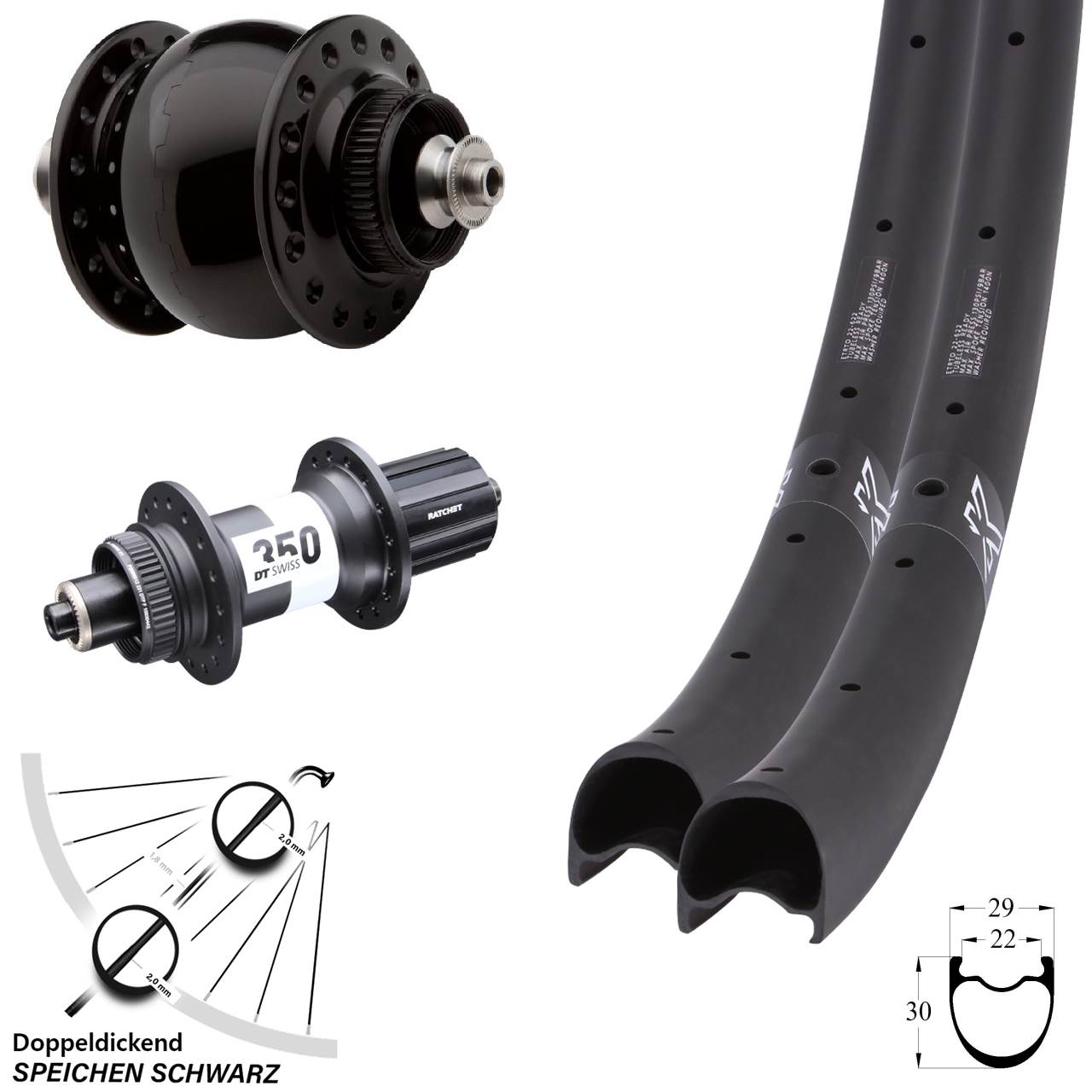 Disc Laufradsatz QR 28-29 Zoll KX-RC Gravel Carbon DT Swiss 350 Road SON 28 11-12 fach