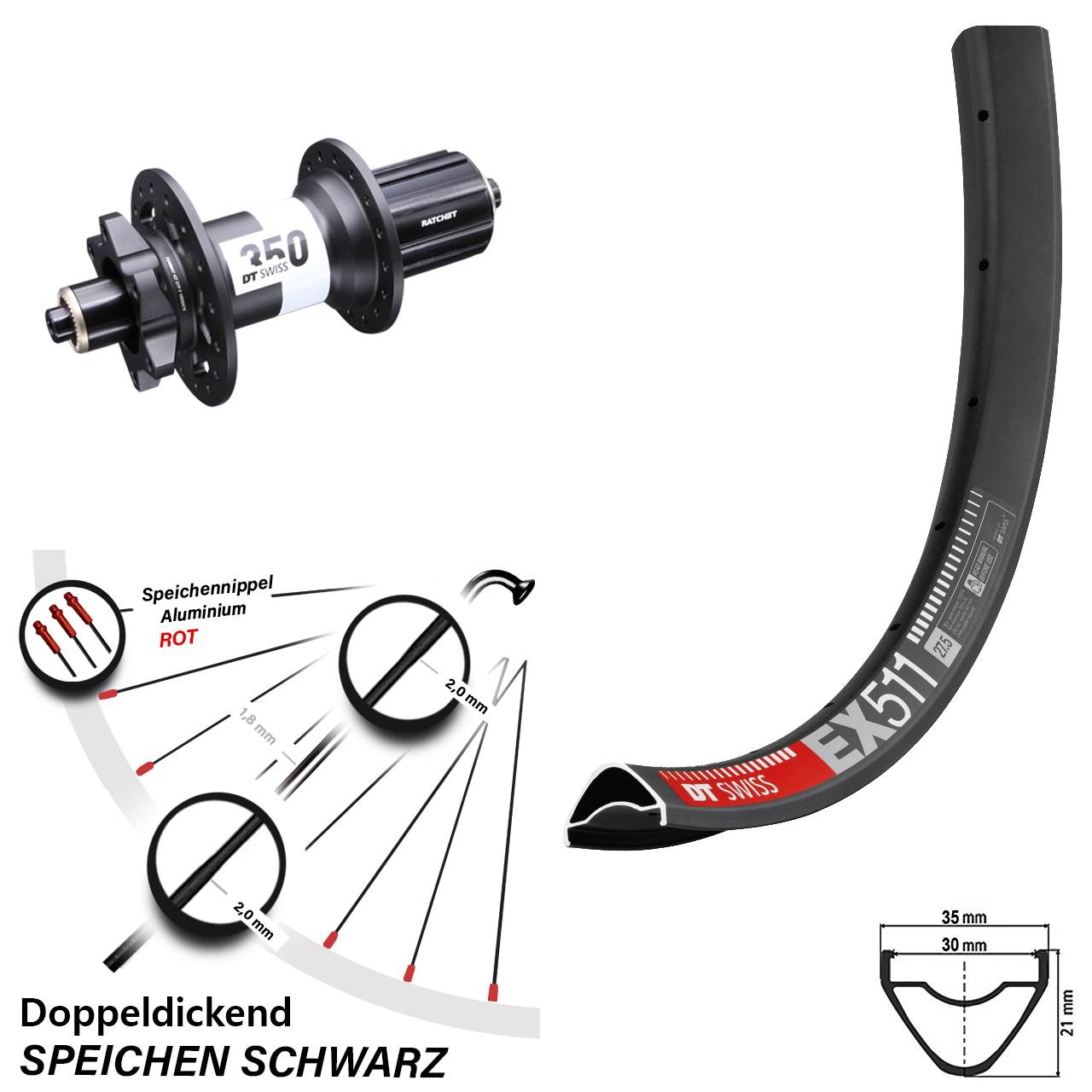 27,5 Zoll DT Swiss EX 511-350 Boost Disc Laufrad QR Boost 8-11 fach HG