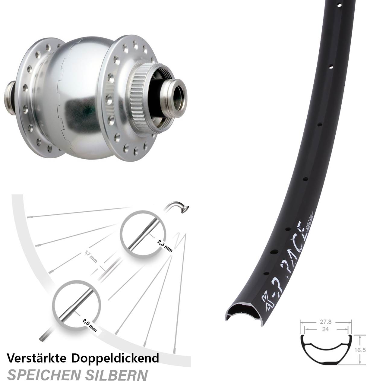 28-29 Zoll KX-R Race SON 28 silbern Dynamo-Vorderrad Centerlock 12x100