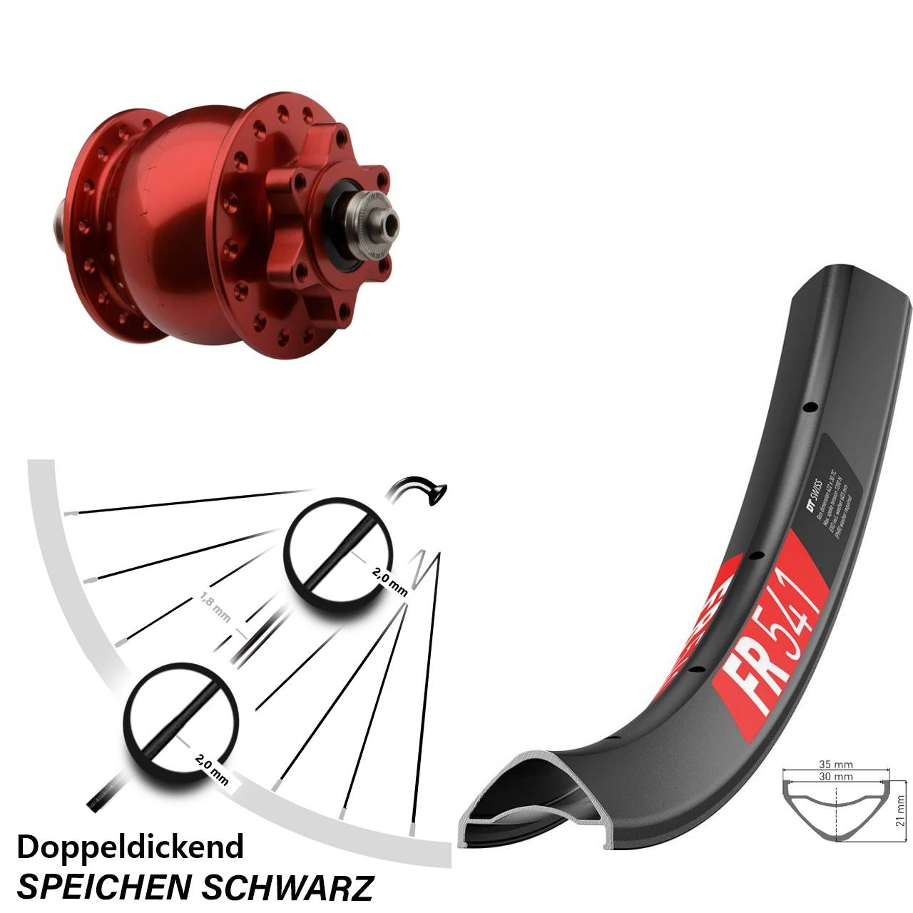 SON 28 rot DT Swiss FR 541 29 Zoll Vorderrad mit Nabendynamo 6-Loch für Schnellspanner