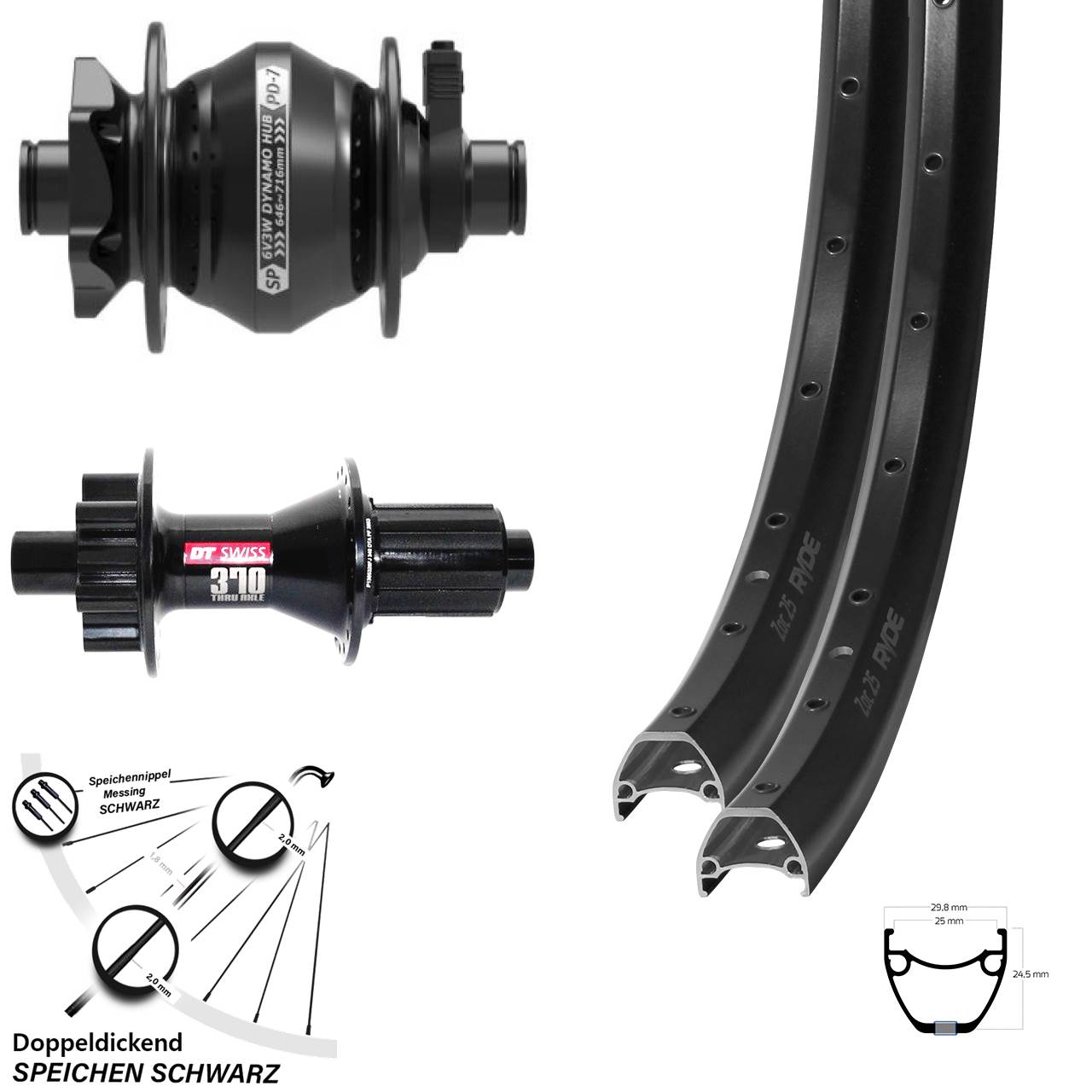 Ryde ZAC 25 DT Swiss 370 Hybrid Shutter PD-7 28 Zoll Disc Laufradsatz 12x100/142 8-11 fach