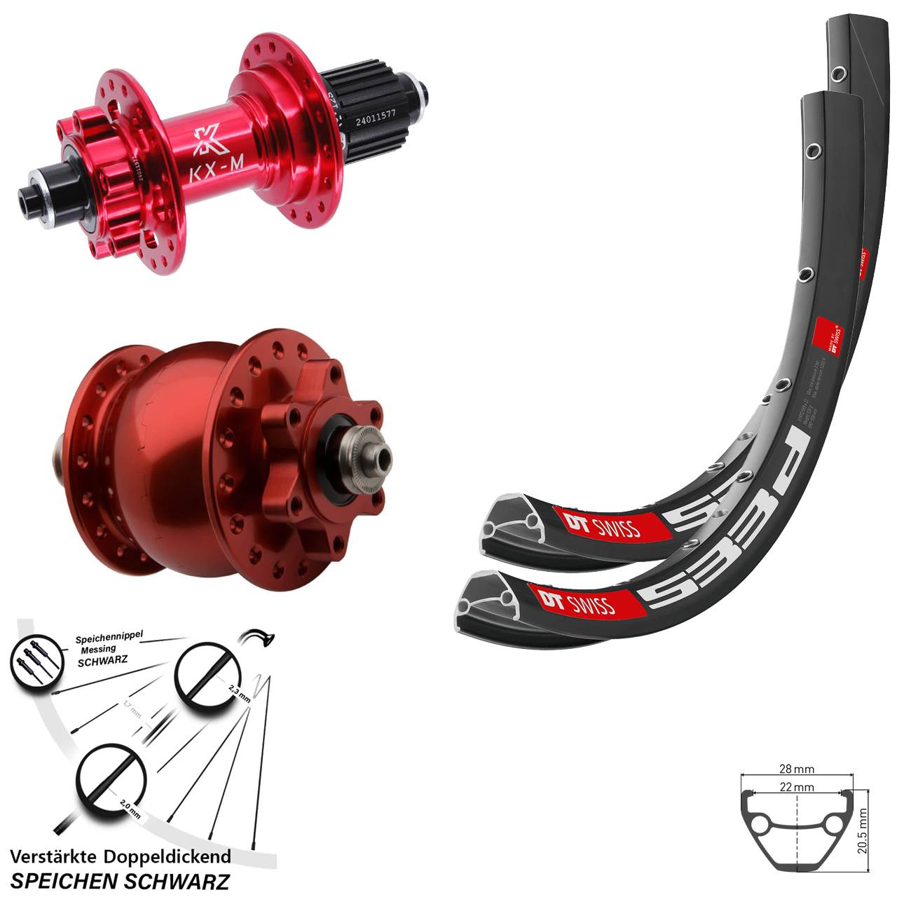Disc Laufrad-Satz 26 Zoll DT Swiss 533 D KX-M rot SON 28 Shimano Micro Spline QR