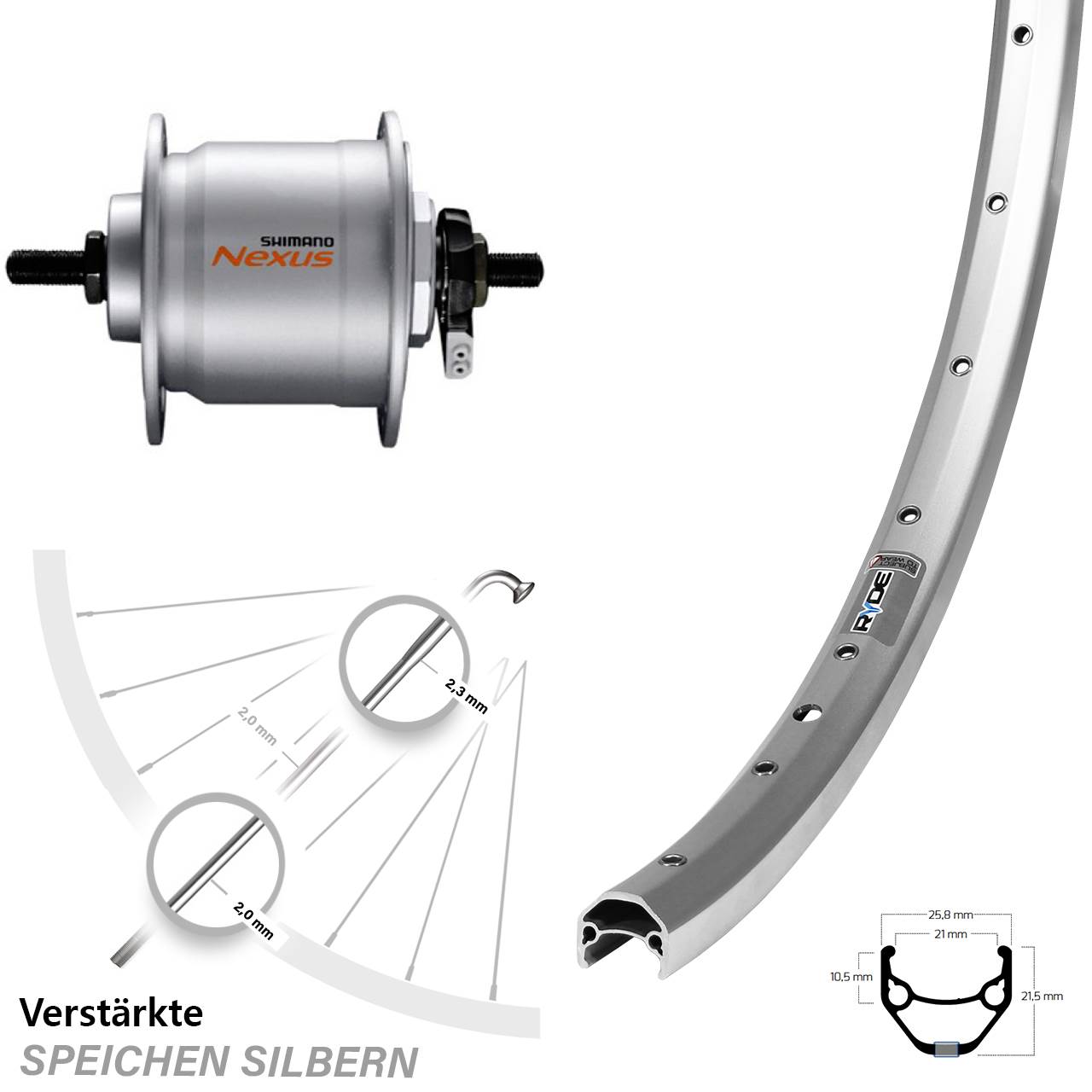 27,5 Zoll Ryde ZAC 421 Shimano DH-C3000-3N Dynamo-Vorderrad Vollachse