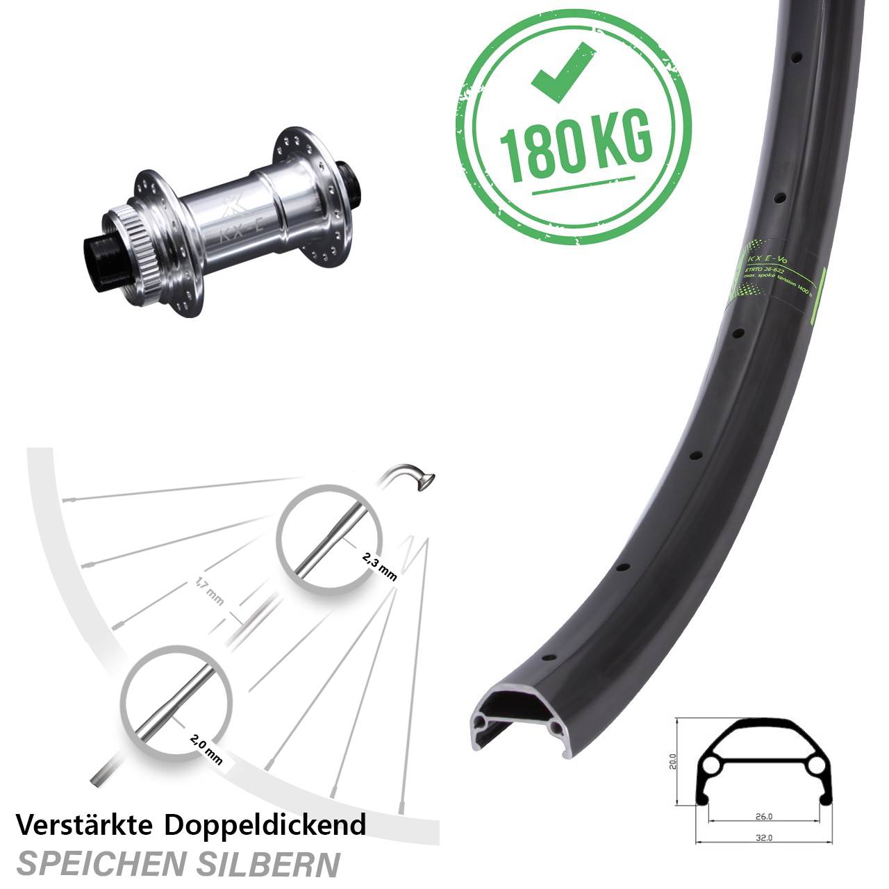 KX-Evo Vorderrad 29 Zoll E-Bike 15x100 mm Lastenrad