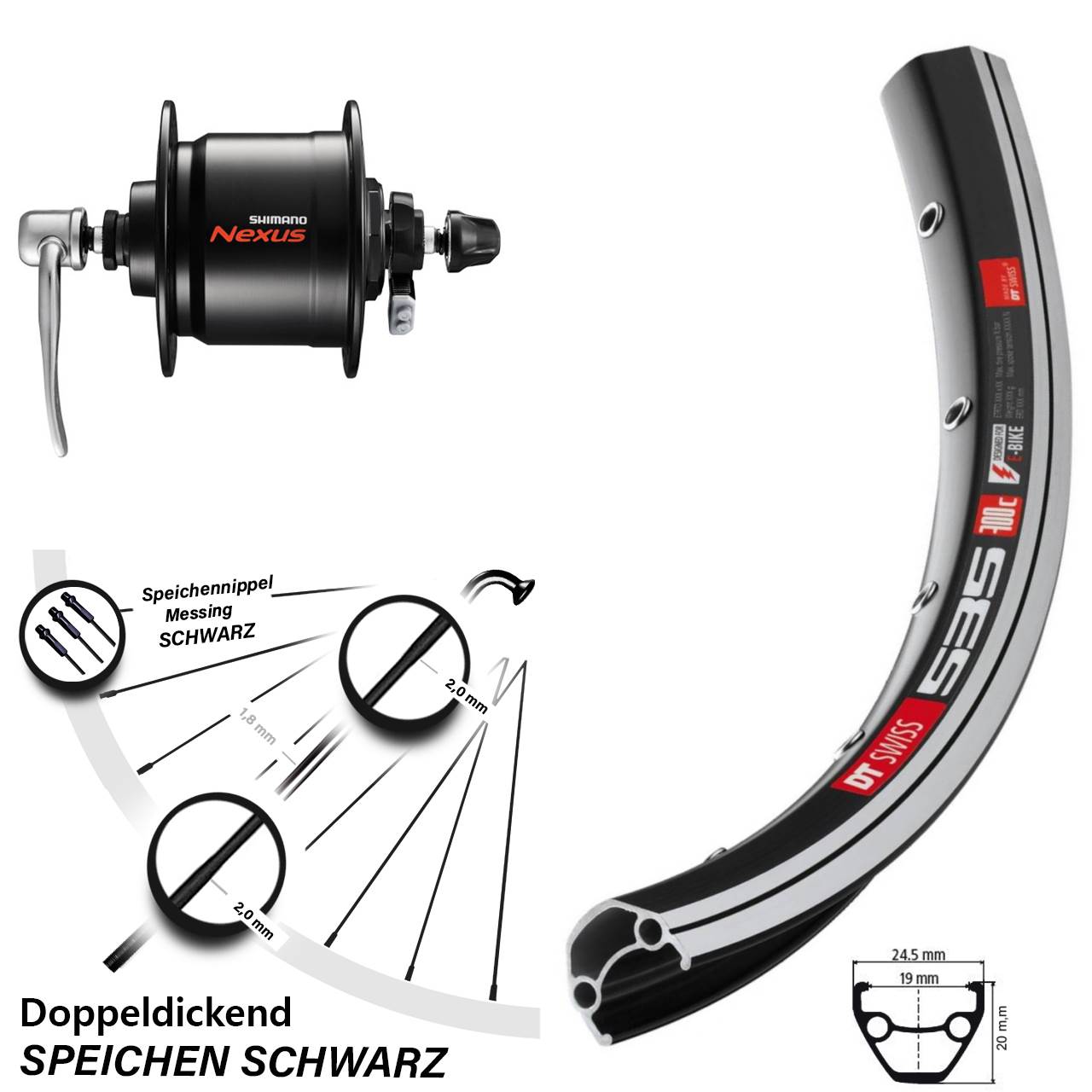 DT Swiss 535 Shimano Nexus DH-C3000 26 Zoll Vorderrad mit Nabendynamo für Schnellspanner