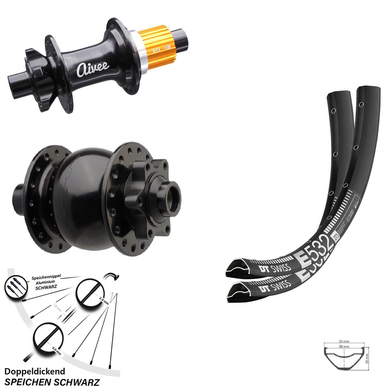 29 Zoll DT Swiss E532 Aivee SON 28 Disc Laufradsatz 15x110 12x148 Shimano Micro Spline