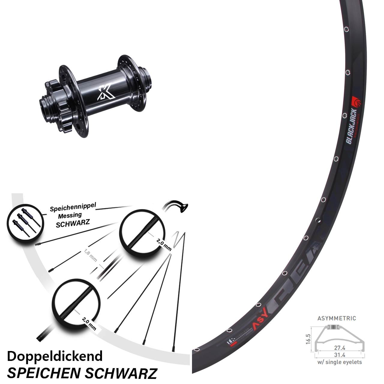 KX-M 6-Loch Steckachse 15x100 mm Rodi Ready 27-584 ETRTO Vorderrad 27,5 Zoll MTB