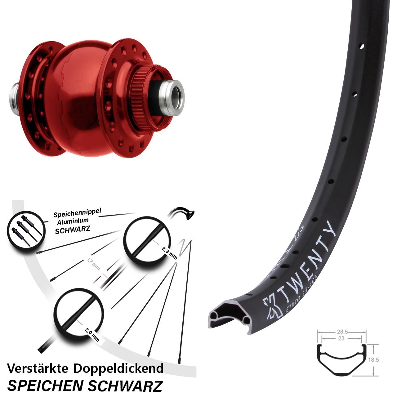 SON 28 rot KX Twenty 20 Zoll Disc Vorderrad mit Nabendynamo 12x100