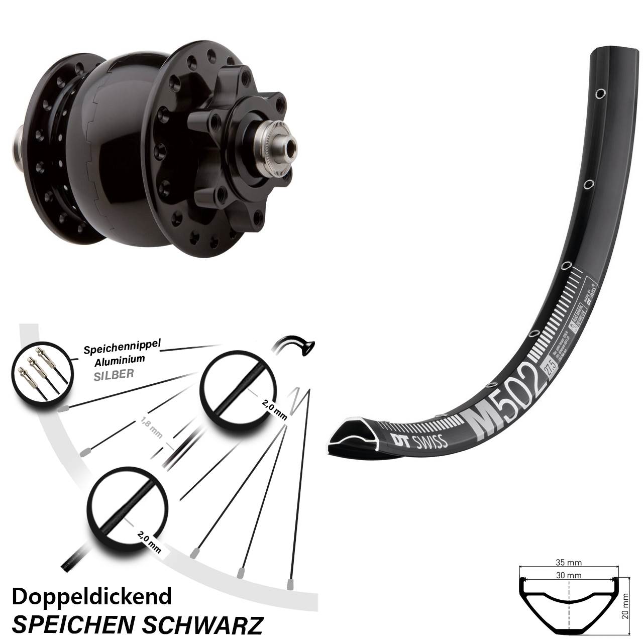29 Zoll Nabendynamo Vorderrad DT Swiss M 502 SON 28 6-Loch schwarz