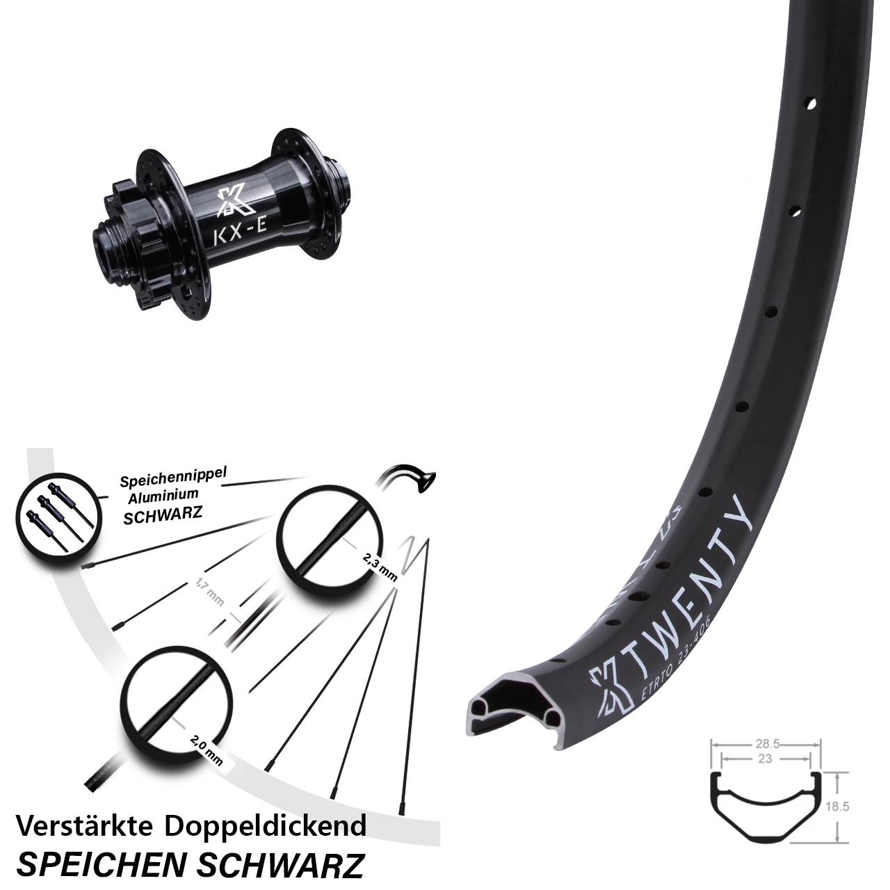 Vorderrad Cargo light 15x100 mm Steckachse 6-Loch KX-E Twenty 20 Zoll schwarz