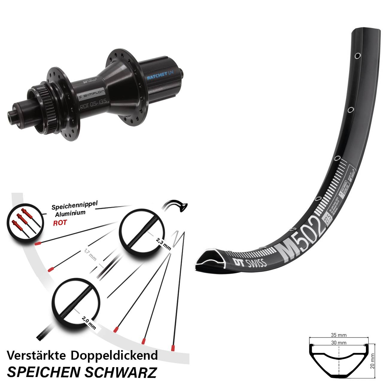 27,5 Zoll DT Swiss M 502-370 Hybrid Centerlock Hinterrad für Schnellspanner 8-11 fach HG