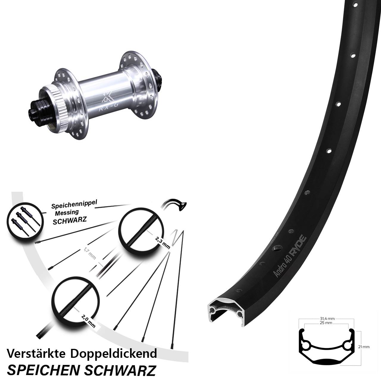 Ryde Andra 40 Disc Vorderrad E-Bike 28-29 Zoll KX-G silbern 5x100 mm Schnellspanner