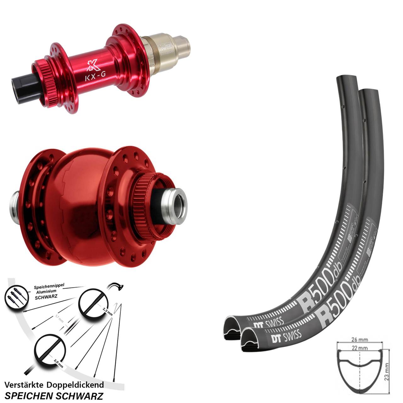 Centerlock Laufradsatz 28-29 Zoll DT Swiss R500 KX-G rot SON 28 XDR 12x100/142